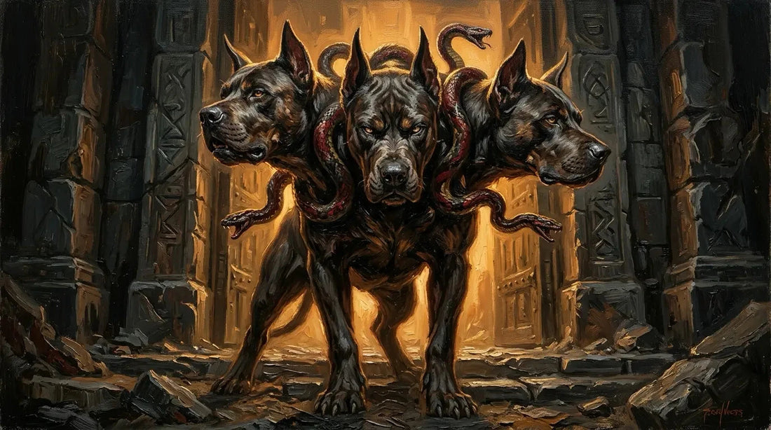 Cerberus, the three-headed hound of Hades, standing guard at the gates of the Greek underworld