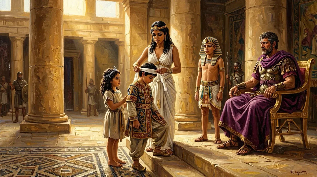Oil painting of the Donations of Alexandria ceremony with Cleopatra and her children