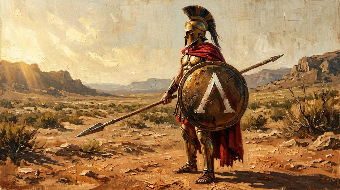 Spartan shield with lambda emblem and bronze armour under ancient Greek sunlight, symbolising Lacedaemon's warrior identity.