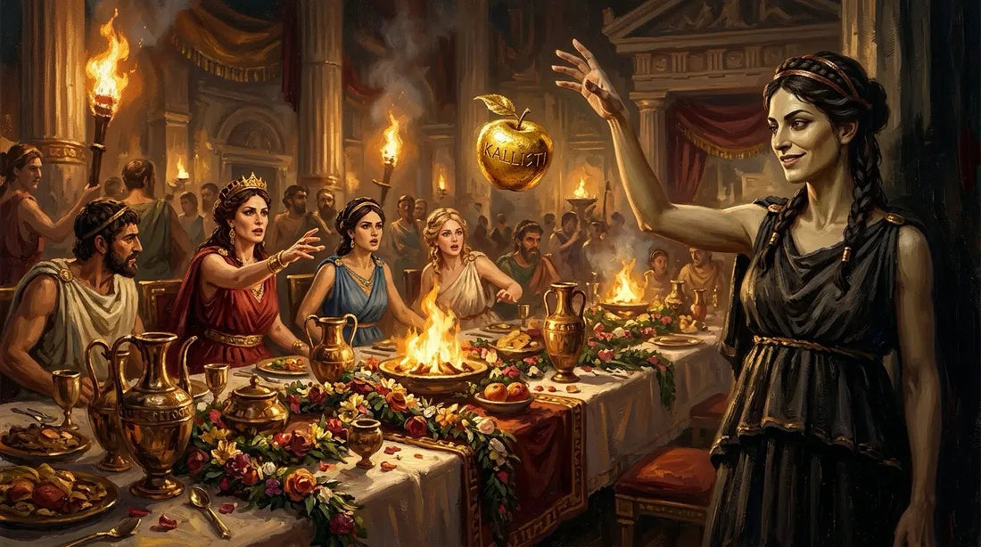 Eris, Greek goddess of discord, throwing the golden apple at the wedding of Peleus and Thetis