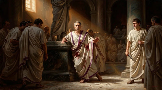 Oil painting depicting the assassination of Julius Caesar in the Roman Senate