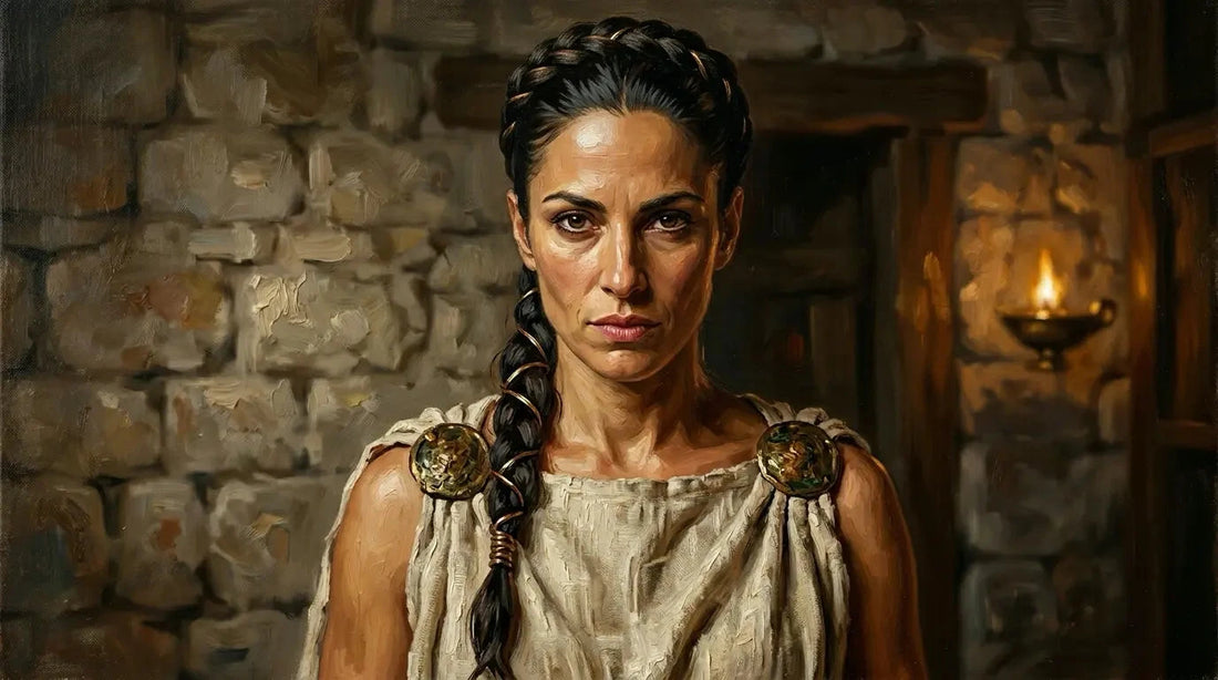 Close-up portrait of a Spartan queen with dark braided hair and bronze fibulae