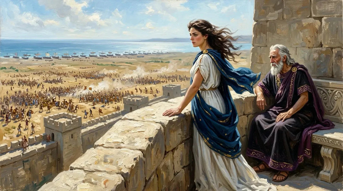 Helen and King Priam on the walls of Troy, watching Greek and Trojan armies on the plain below