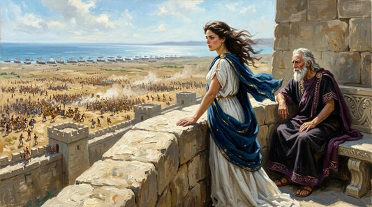 Helen and King Priam on the walls of Troy, watching Greek and Trojan armies on the plain below