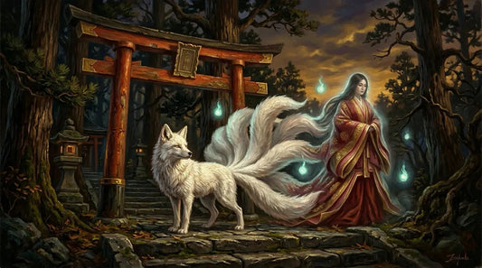 Nine-tailed white fox at a vermilion torii gate at dusk in Japanese shrine setting