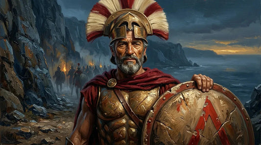 Leonidas, older Spartan king in bronze armour holding a lambda shield before Thermopylae at dawn