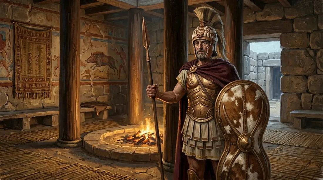 Menelaus, Mycenaean king in bronze armour and boar's tusk helmet, standing in his megaron hall with spear and oxhide shield.
