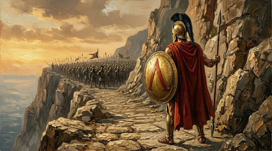 A Spartan warrior in bronze armour stands defiant at the mountain pass of Thermopylae, facing the Persian army.