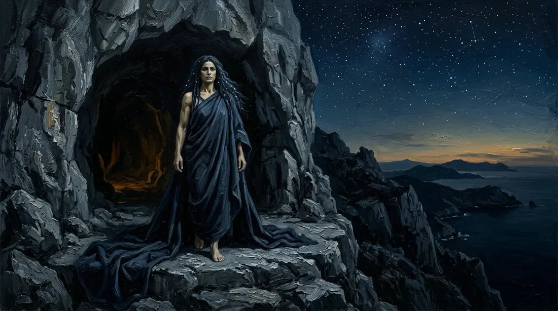 Oil painting of the Greek goddess Nyx with dark robes against a cosmic night sky