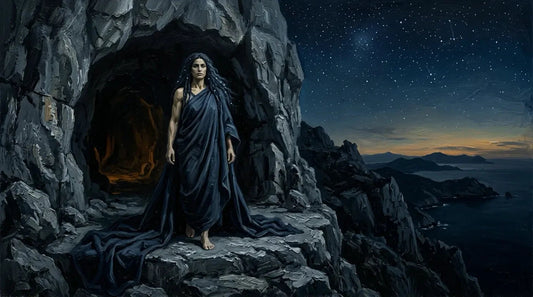 Oil painting of the Greek goddess Nyx with dark robes against a cosmic night sky
