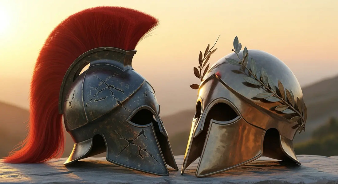 Two ancient Greek shields bearing a Spartan lambda and an Athenian owl lying on a battlefield