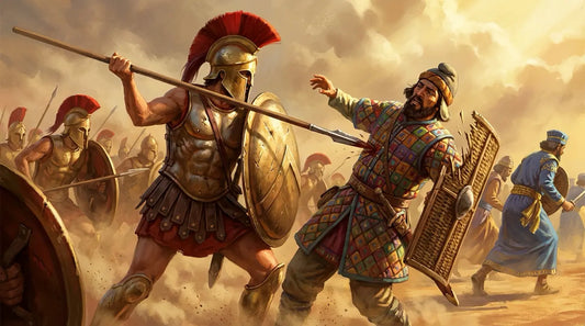 Spartan hoplite driving a spear through a Persian soldier's armour in close combat