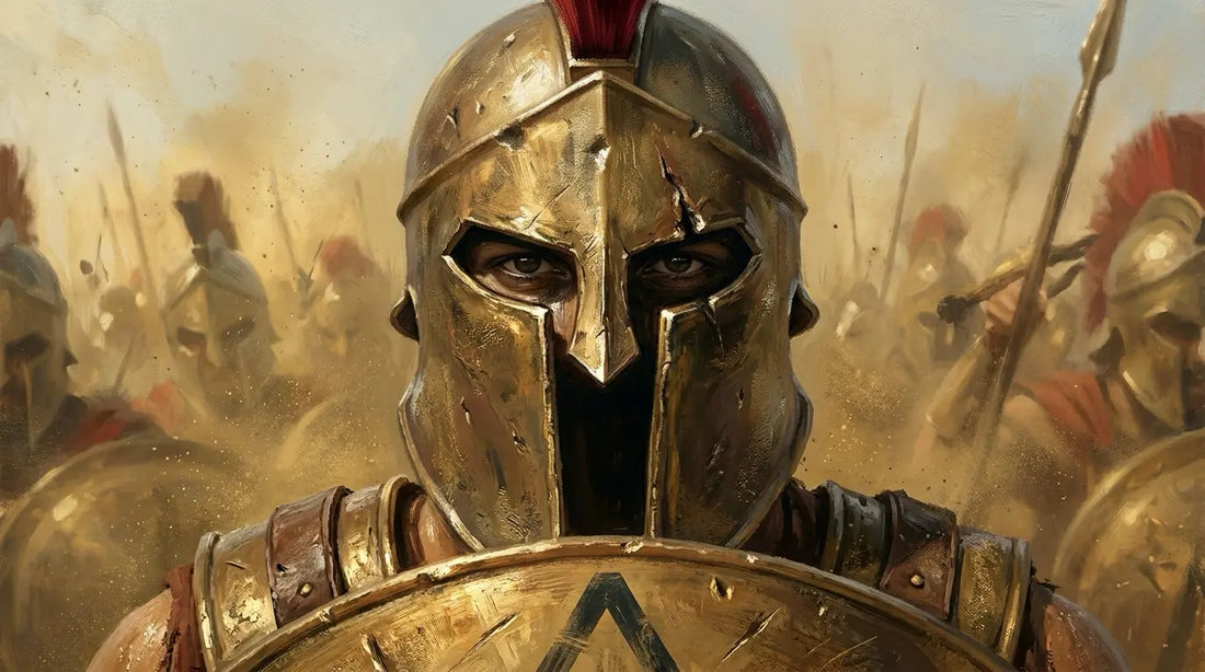 Close-up of a Spartan hoplite face behind a Corinthian helmet visor with lambda shield visible at the bottom of frame
