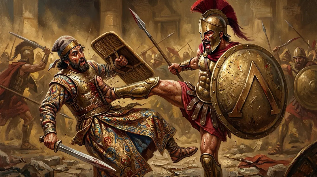 Spartan hoplite mid-kick driving his foot into a Persian Immortal's chest, shield forward, mouth open shouting