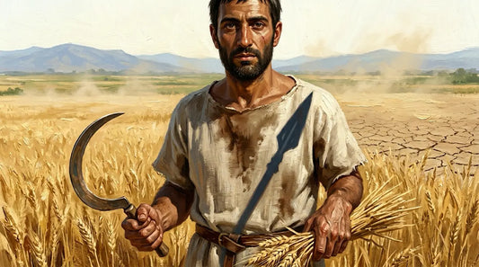 Messenian helot man holding a bronze sickle in a wheat field with the shadow of a Spartan spear across his body