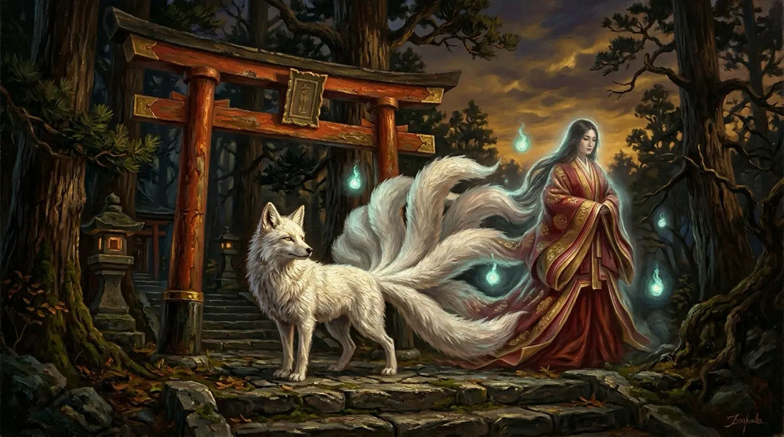 Nine-tailed white fox at a vermilion torii gate at dusk in Japanese shrine setting