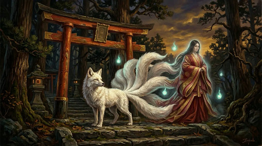 Nine-tailed white fox at a vermilion torii gate at dusk in Japanese shrine setting