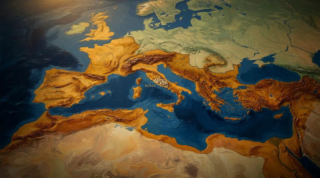 Oil painting depicting a stylised bird's-eye view of the Roman Empire's territory around the Mediterranean with Rome marked at the centre