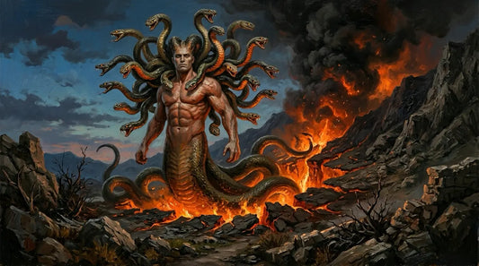 Oil painting of the monster Typhon with serpent coils and fire erupting from a volcanic landscape in ancient Greek style