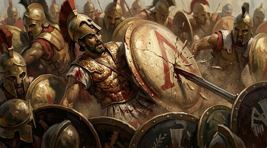 Spartan hoplite falling backward as Theban shields crash into the Spartan line