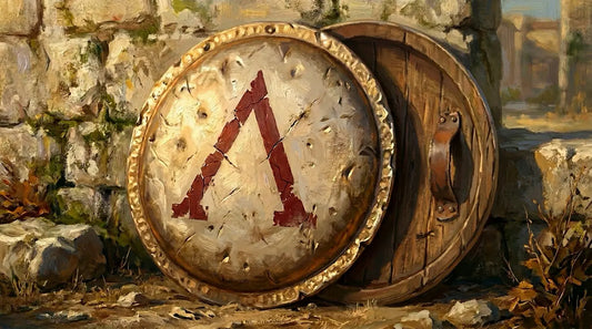 Close-up of a battered Spartan aspis with a faded lambda device on bronze