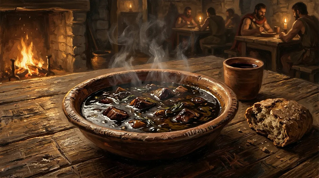 Close-up of a clay bowl of dark Spartan black broth with steam and barley bread