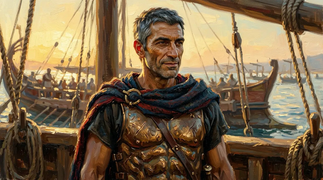 Portrait of Spartan admiral Lysander in bronze cuirass on a warship deck