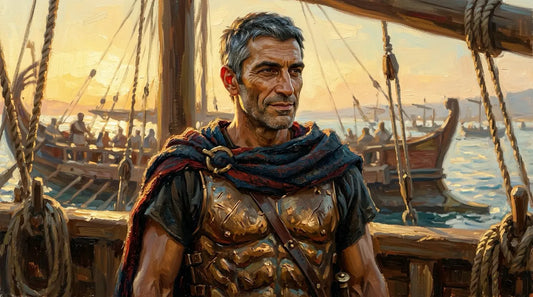 Portrait of Spartan admiral Lysander in bronze cuirass on a warship deck