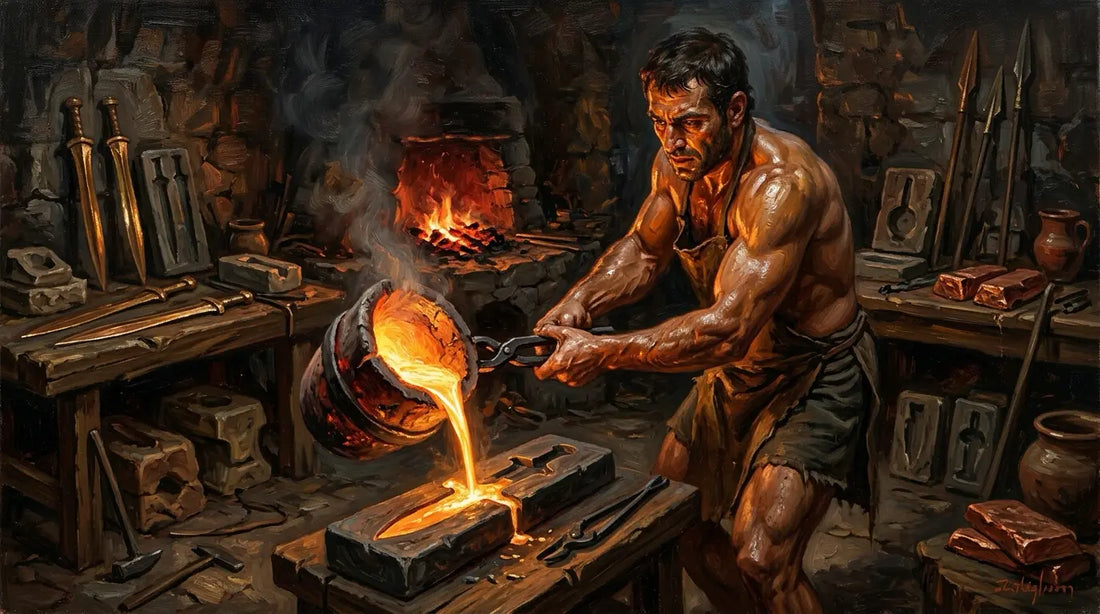 Bronze smith pouring molten metal from a crucible into a sword mould in a Late Bronze Age workshop