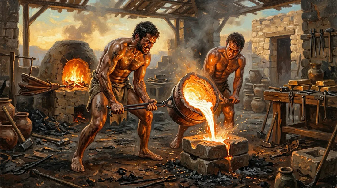 Ancient metalworkers pouring molten bronze into a stone mould in a workshop