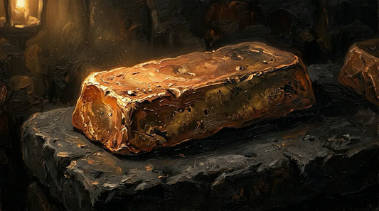 Ancient copper-zinc alloy ingot glowing in warm lamplight