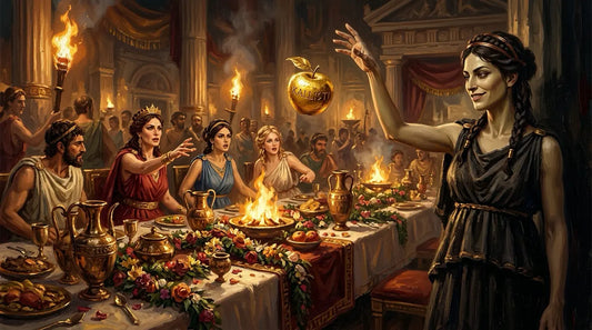 Eris, Greek goddess of discord, throwing the golden apple at the wedding of Peleus and Thetis