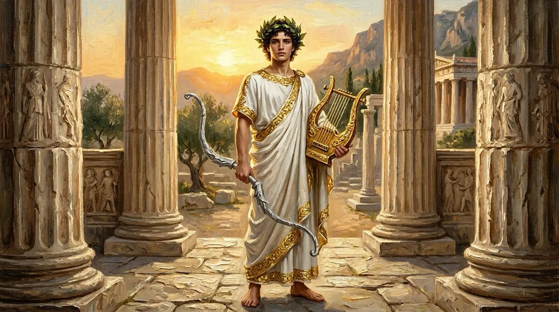Apollo holding a silver bow in one hand and a golden lyre in the other at Delphi