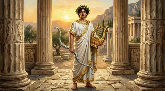Apollo holding a silver bow in one hand and a golden lyre in the other at Delphi