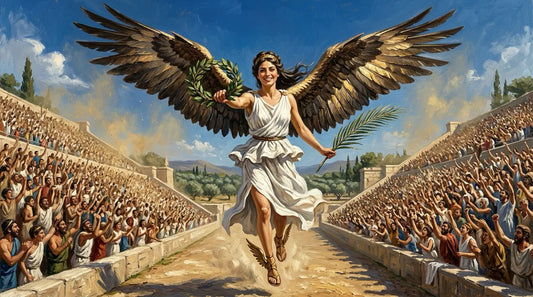 Nike descending into an ancient Greek stadium with wings spread holding a laurel wreath