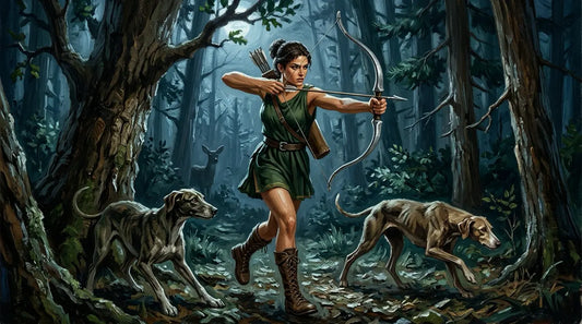 Artemis mid-hunt in a moonlit forest with silver bow drawn and hunting hounds at her feet