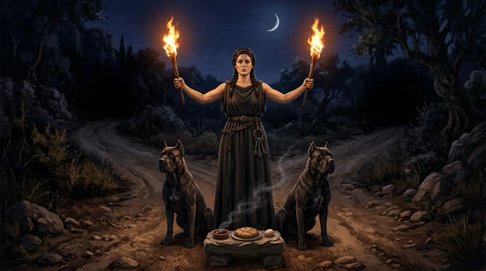 Hecate holding twin torches at a three-way crossroads at night in ancient Greece