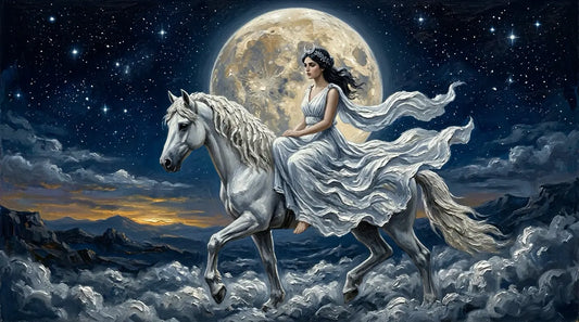 Greek goddess Selene riding a white horse across the night sky with a crescent diadem and full moon behind her