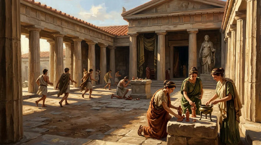 Concept art of Artemis Orthia sanctuary with robed priestesses and initiate youths, ancient Sparta, warm earth tones