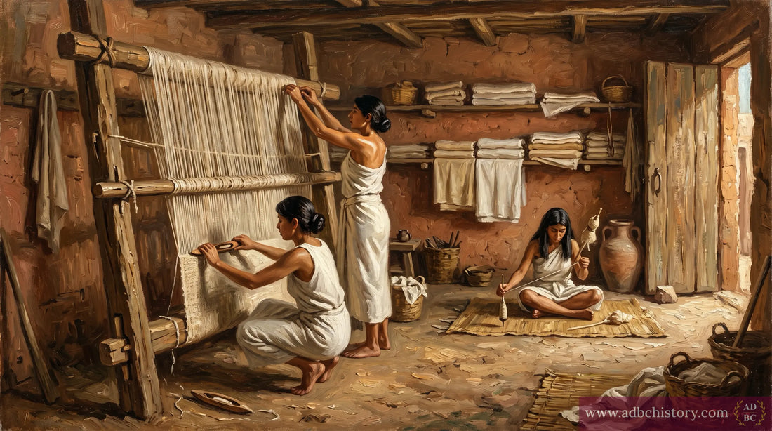 Women weaving fine linen at upright looms in a New Kingdom Egyptian workshop, bolts of finished cloth stacked along a wall.