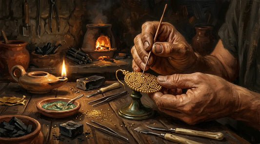 Oil painting depicting a goldsmith's hands placing a gold granule on an Etruscan earring under firelight