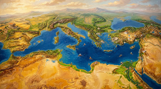 Oil painting depicting a grand Roman city with marble buildings, colonnades, and an aqueduct under Mediterranean light