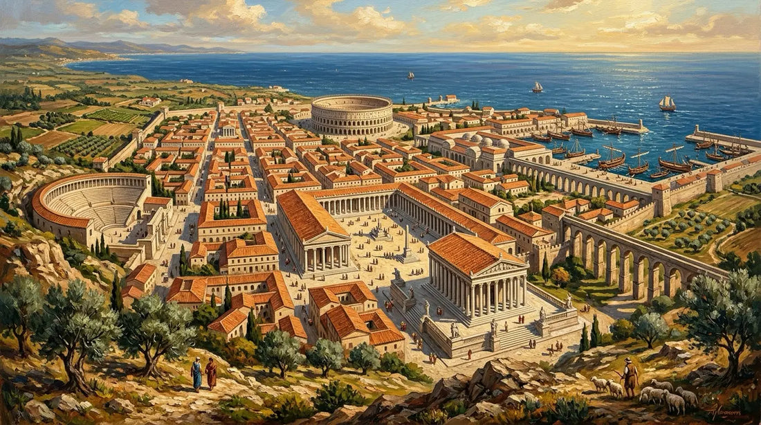 Oil painting depicting a grand Roman city with marble buildings, colonnades, and an aqueduct under Mediterranean light