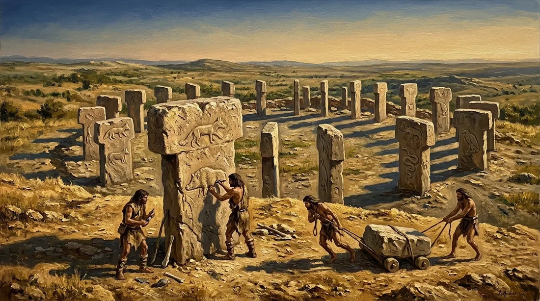 Oil painting depicting a circle of massive carved stone pillars at Göbekli Tepe at dawn