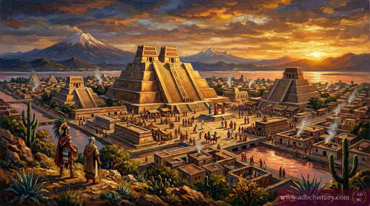 Mesoamerican city at sunset with three pyramid complexes silhouetted, marketplace and figures in plaza below.
