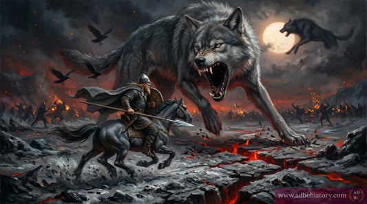Odin charges Fenrir at Ragnarok, spear raised, ravens overhead, the sun going dark behind them