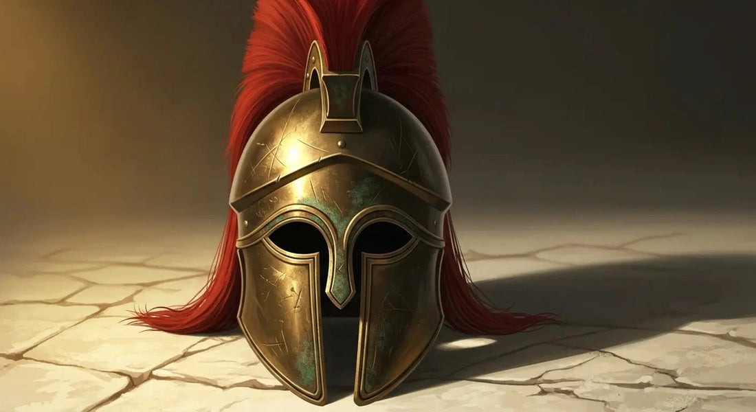 A bronze Corinthian helmet with a tall red horsehair crest sitting on a rough limestone surface