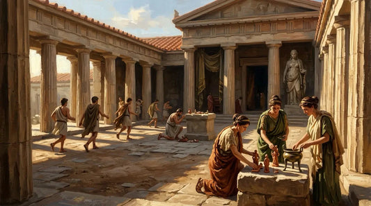 Concept art of Artemis Orthia sanctuary with robed priestesses and initiate youths, ancient Sparta, warm earth tones