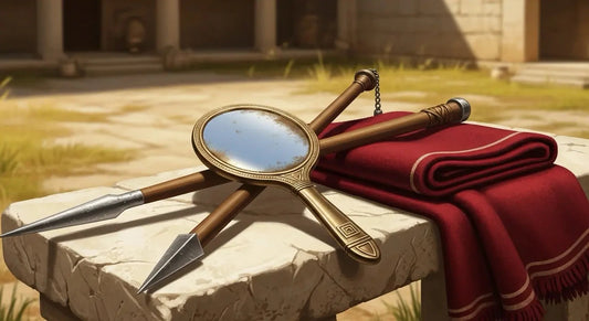 A bronze hand mirror and a javelin crossed on a stone bench