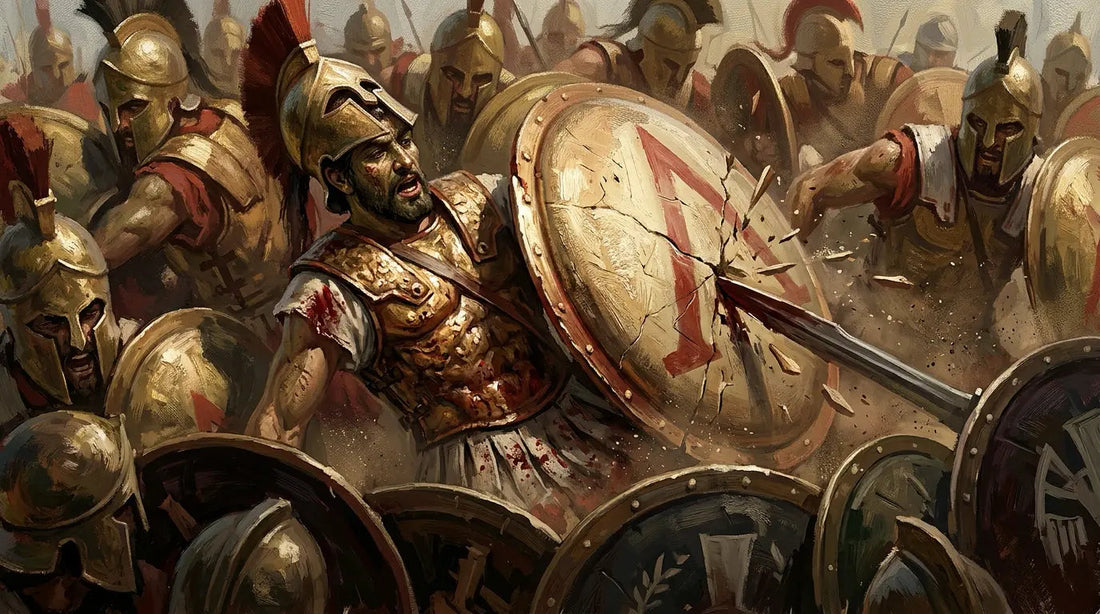 Spartan hoplite falling backward as Theban shields crash into the Spartan line